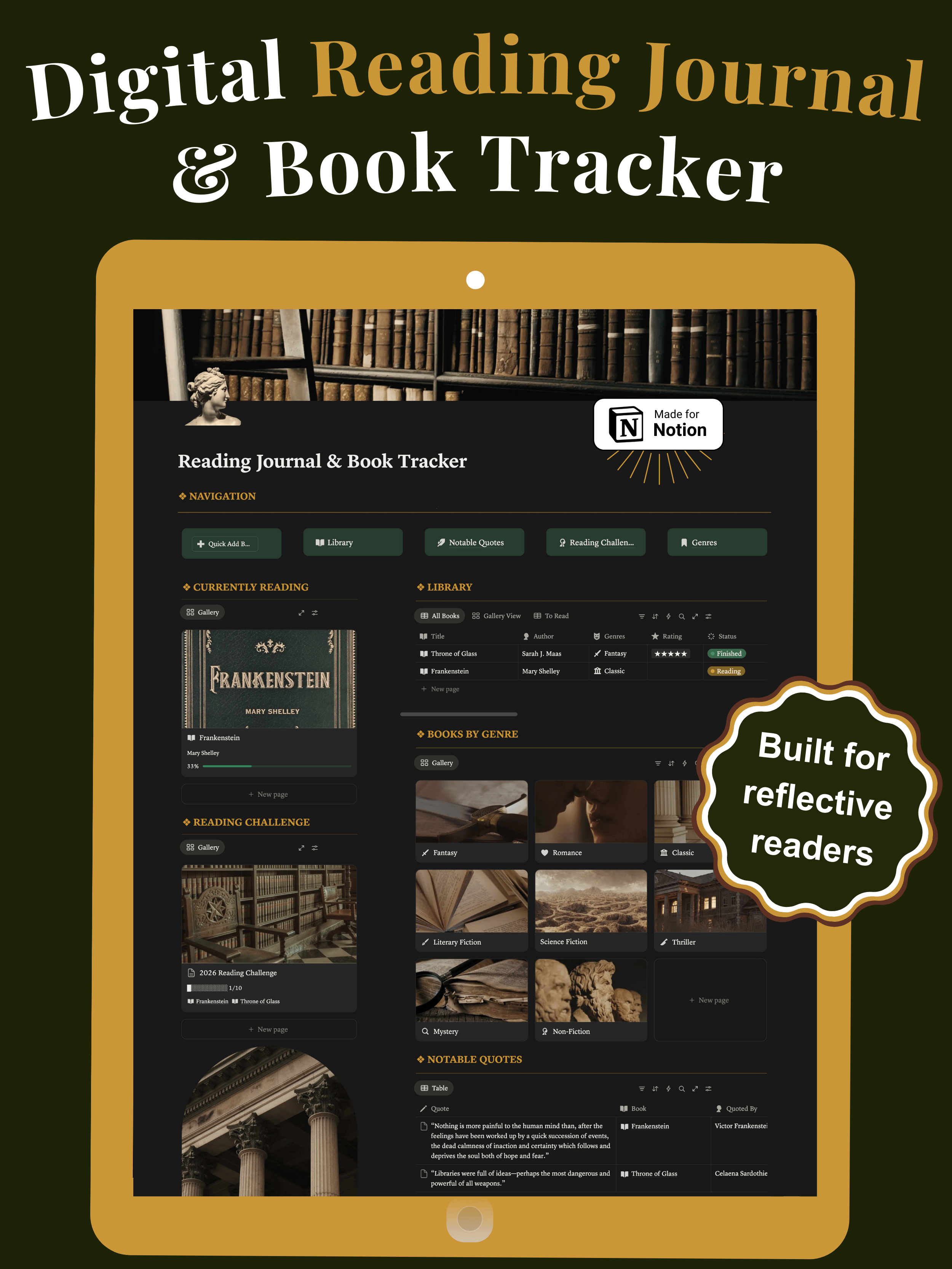 Digital Reading Journal & Book Tracker (Notion Template) - Quill&Steel