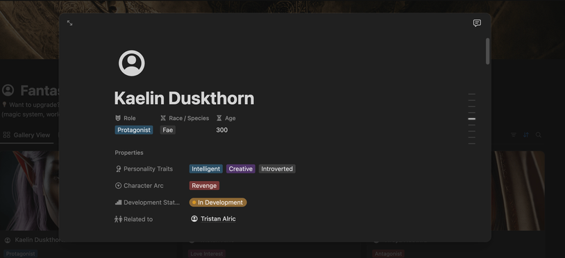 Notion Character Profile Template — Quill&Steel