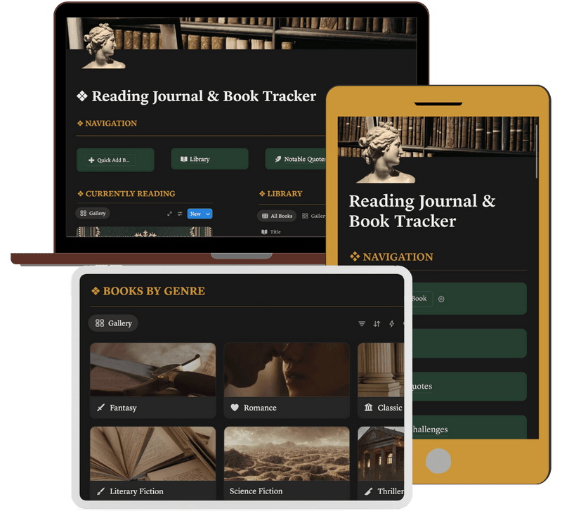 Quill&Steel's Reading Journal & Book Tracker Notion template interface on a laptop, tablet, and smartphone. 
