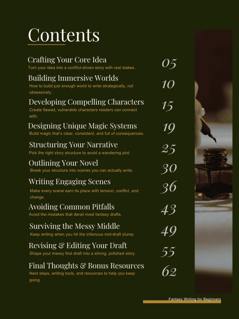 Table of contents for the fantasy writing for beginners ebook by quillandsteel