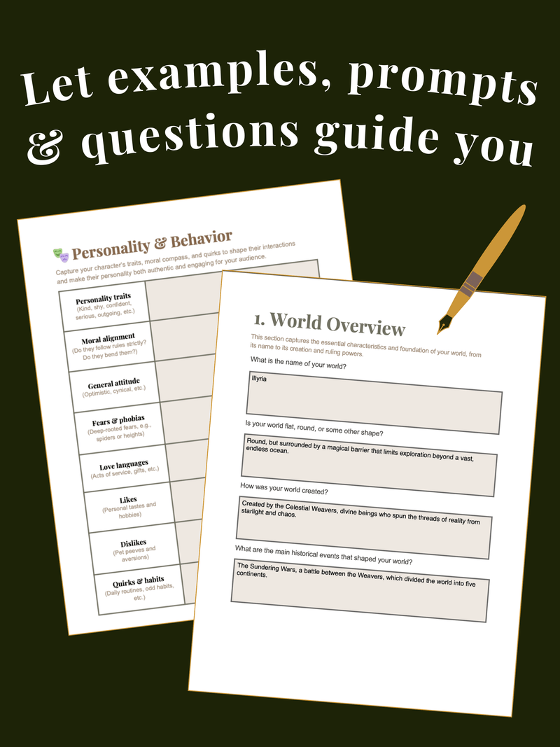 Two structured workbook pages from Quill&Steel feature creative prompts and guided questions—one exploring character dynamics and the other outlining key details for building a fantasy world (“World Overview”). Together, they help writers develop characters and settings with clarity and depth.