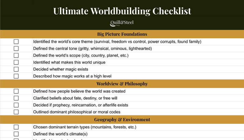 Ultimate Worldbuilding Checklist by Quill&Steel with a black and gold color scheme.