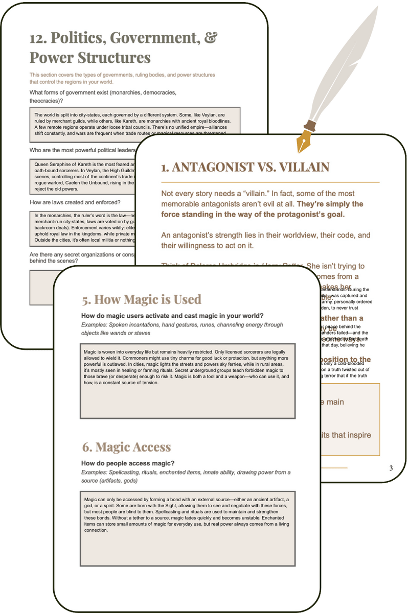 Worldbuilding, Magic, and Villain workbooks snapshot by Quill&Steel